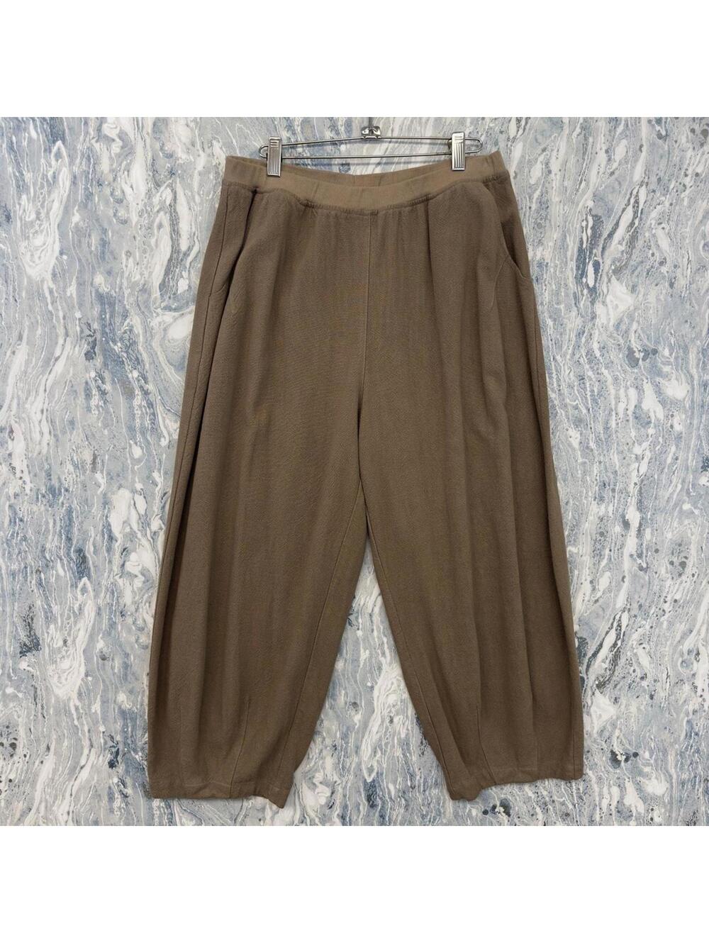 Boho Minimalist Lagenlook Wide-Leg Taupe Trousers (L)
